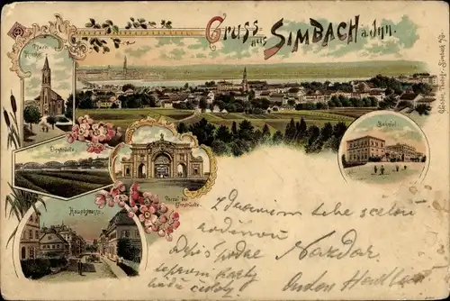 Litho Simbach am Inn in Niederbayern, Portal der Innbrücke, Bahnhof, Pfarrkirche, Hauptstraße