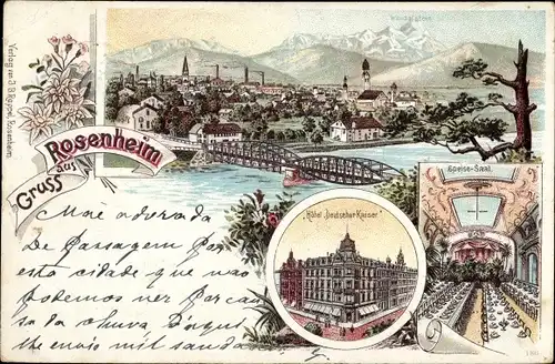 Litho Rosenheim Oberbayern, Hotel Deutscher Kaiser, Speisesaal, Gesamtansicht