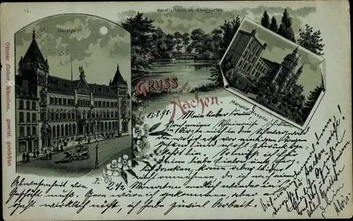 Mondschein Litho Aachen in Nordrhein Westfalen, Mariahilf Hospital, Hauptpost, Stadtgarten