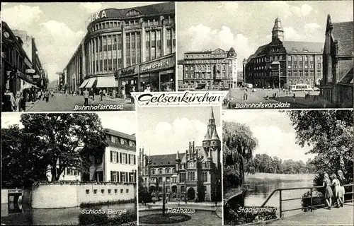 Ak Gelsenkirchen, Bahnhofstraße, Vorplatz, Schloss, Rathaus, Stadtgarten