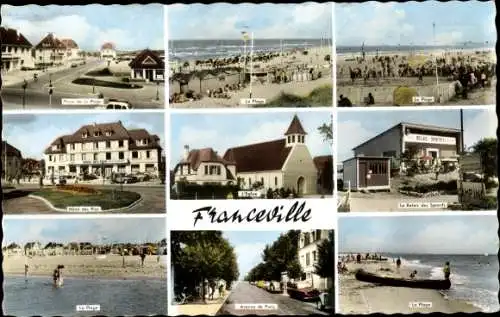 Ak Franceville Calvados, La Plage, L'Eglise, Avenue, Hotel des Pins