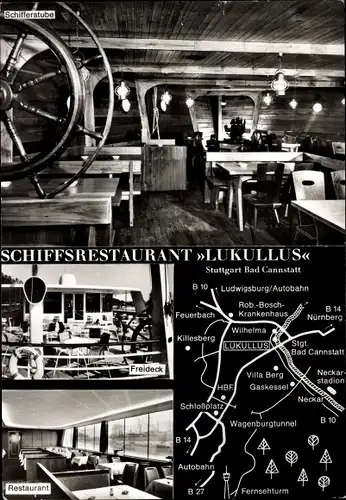 Ak Cannstatt Stuttgart, Schiffsrestaurant Lukullus, Schifferstube, Freideck, Anlegestelle Wilhelma