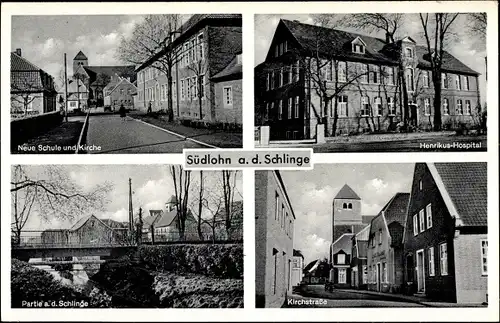 Ak Südlohn an der Schlinge Westfalen, Kirchstraße, Neue Schule und Kirche, Henrikus-Hospital