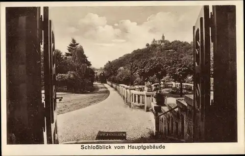 Ak Wernigerode am Harz, Kurheim Küsters Kamp, Schlossblick vom Hauptgebäude