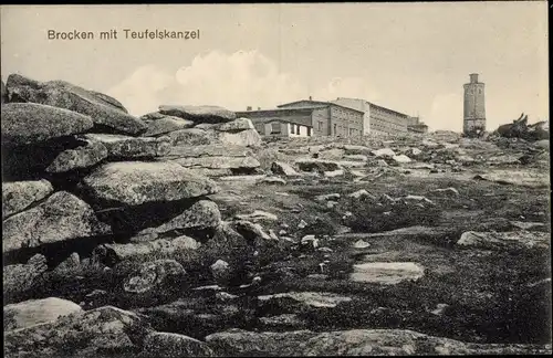 Ak Brocken Nationalpark Harz, am Gipfel, Aussichtsturm, Hotel, Teufelskanzel