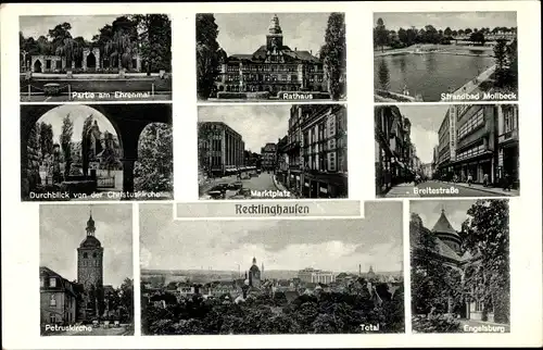 Ak Recklinghausen im Ruhrgebiet, Total, Engelsburg, Rathaus, Ehrenmal, Petruskirche, Strandbad