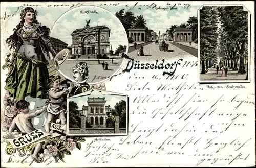 Litho Düsseldorf am Rhein, Kunsthalle, Ratinger Tor, Hofgarten Seufzerallee, Malkasten