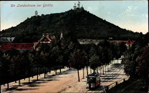 Ak Görlitz in der Lausitz, Die Landeskrone, Panorama, Straßenbahn