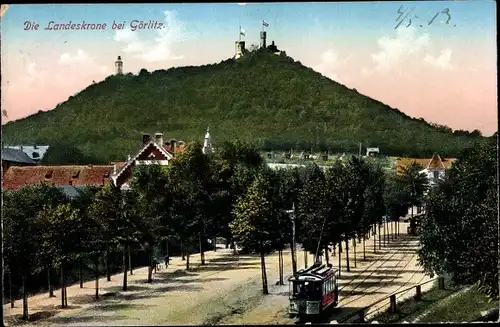 Ak Görlitz in der Lausitz, Die Landeskrone, Panorama, Straßenbahn