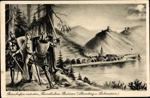 Künstler Ak Bornhofen am Rhein, Die feindlichen Brüder, Burg Sternberg, Sterrenberg, Liebenstein