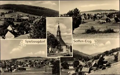 Ak Seiffen im Erzgebirge, Teilansichten vom Ort, Kirche