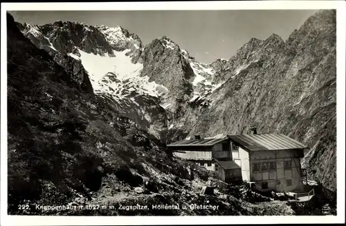 Ak Grainau in Oberbayern, Knappenhäuser im Höllental, Zugspitze, Gletscher