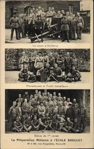 Ak Paris XV., La Preparation Militaire a l'Ecole Breguet, Rue Falguiere, Mitrailleurs, Artillerie
