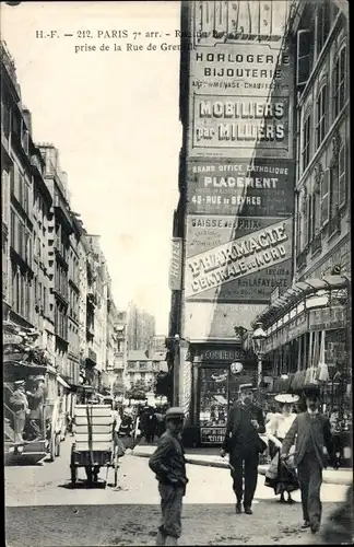 Ak Paris VII., Rue de Grenoble, Reklametafeln, Mobiliers par Milliers, Horlogerie, Pharmacie