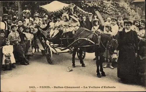 Ak Paris XIX., Buttes Chaumont, la voiture d'enfants, Eselskarren