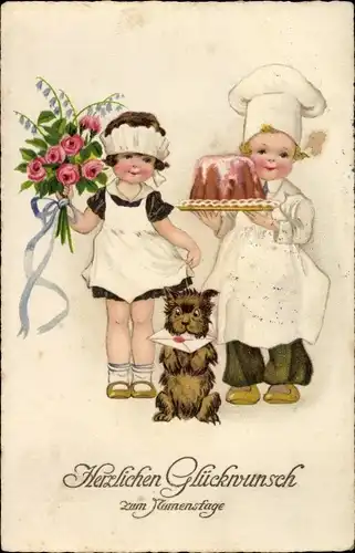 Ak Glückwunsch Namenstag, Bäcker mit Kuchen, Dienstmädchen mit Blumenstrauß, Hund
