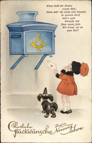 Ak Glückwunsch Neujahr, Kind und Hund am Postbriefkasten, Gedicht
