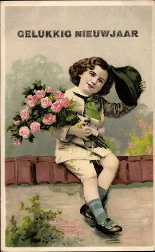 Ak Glückwunsch Neujahr, Gelukkig Nieuwjaar, Kind mit Rosenstrauß