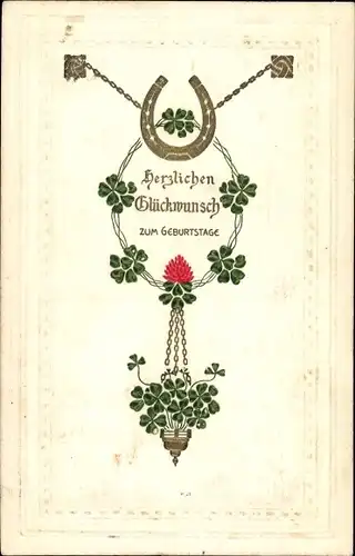 Präge Ak Glückwunsch Geburtstag, Hufeisen, Glücksklee
