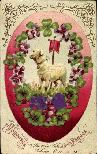 Präge Ak Glückwunsch Ostern, Lamm, Glücksklee, Veilchen