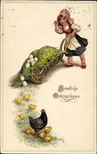 Ak Glückwunsch Ostern, Mädchen, Hühner, Schubkarre, Ostereier