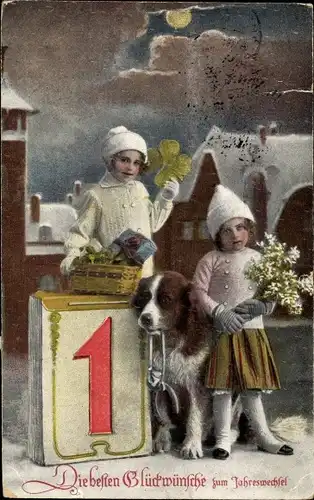 Mondschein Ak Glückwunsch Neujahr, Kinder, Hund, Blumen, Glücksklee