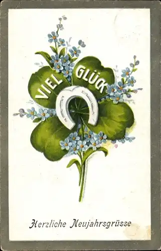 Ak Glückwunsch Neujahr, Hufeisen, Glücksklee, Vergissmeinnicht