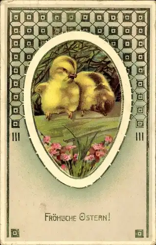 Präge Ak Glückwunsch Ostern, Küken, Blumen