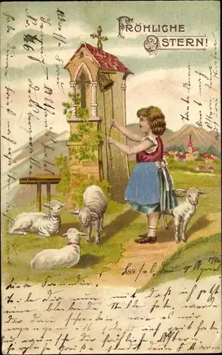 Präge Litho Glückwunsch Ostern, Mädchen, Lämmer, Wiese, Glocke