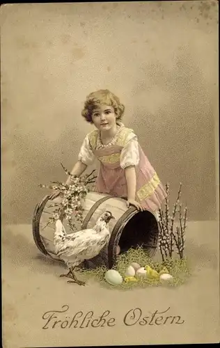 Ak Glückwunsch Ostern, Mädchen, Weidenkätzchen, Ostereier, Küken