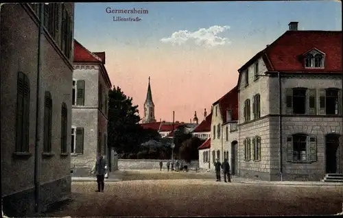 Ak Germersheim in der Rheinebene Rheinland Pfalz, Blick in die Lilienstraße, Soldaten, Kirchturm