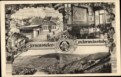 Künstler Ak Bernkastel Kues im Moseltal, Doctor Weinstube, Außen- u. Innenansicht, Panorama vom Ort