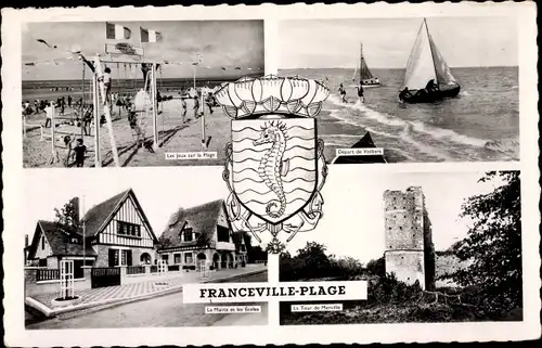 Wappen Ak Franceville Calvados, Les jeux sur la Plage, La Tour, La Mairie, Les Ecoles