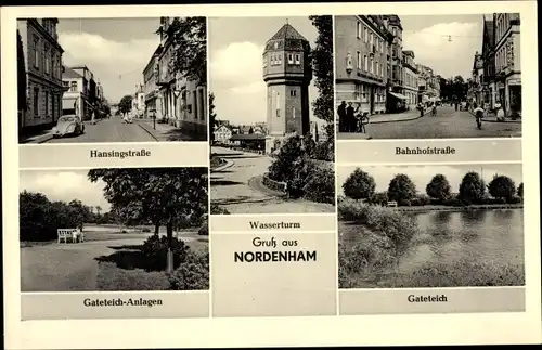 Ak Nordenham in Oldenburg Niedersachsen, Hansingstraße, Bahnhofstraße, Gateteich, Wasserturm