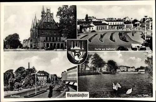 Wappen Ak Neumünster in Holstein, Rathaus, Bahnhof, Kuhberg, Teich