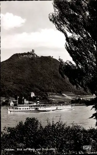 Ak Mehlem Bad Godesberg Bonn am Rhein, Blick auf Drachenfels, Salondampfer