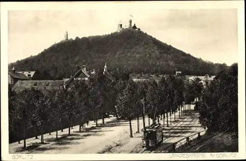 Ak Görlitz in der Lausitz, Blick auf die Landeskrone, Straßenbahn