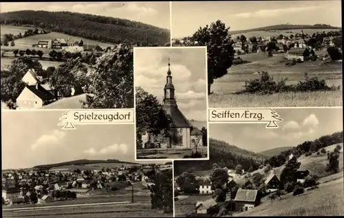 Ak Seiffen im Erzgebirge, Teilansichten vom Ort, Kirche