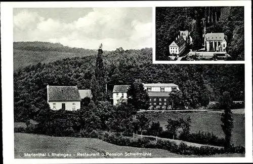 Ak Marienthal im Rheingau Geisenheim am Rhein Hessen, Restaurant Pension Schleifmühle, Vogelschau