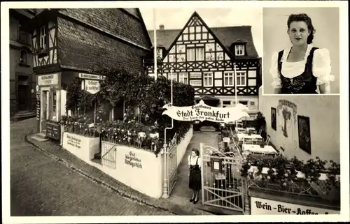 Ak Rüdesheim am Rhein Hessen, Gasthaus Zur Stadt Frankfurt, Marktstraße 30, Kellnerin