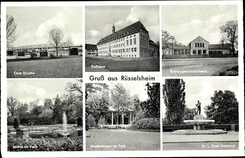 Ak Rüsselsheim am Main Hessen, Rathaus, Dr. L. Opel Denkmal, Opel Brücke, Mühle, Park