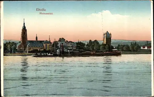 Ak Eltville am Rhein Hessen, Lastkahn auf dem Rhein, Türme der Stadt