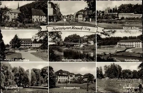 Ak Hennef an der Sieg, Schloss Allner, Seligental, Sportschule, Schwimmbad, Krankenhaus, Kurhaus