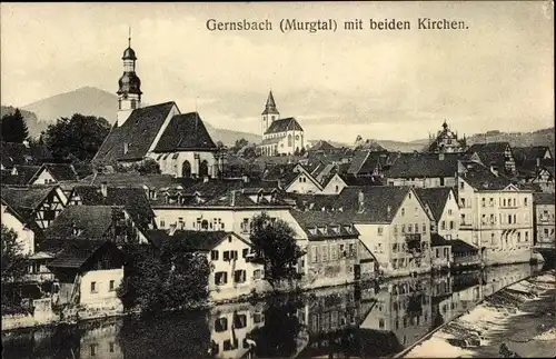 Ak Gernsbach im Murgtal Schwarzwald, Stadt mit beiden Kirchen