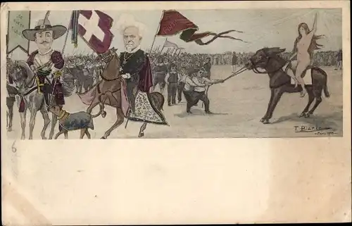Künstler Ak Reiterzug, Karikatur