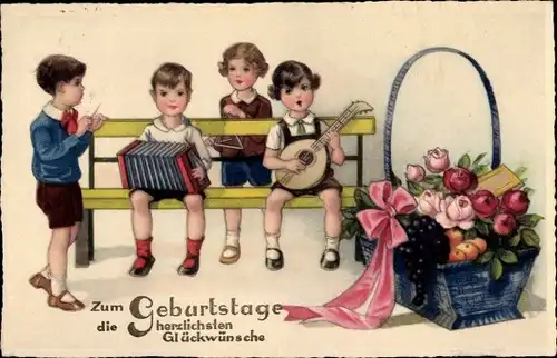 Ak Glückwunsch Geburtstag, Blumenkorb, Kinder mit Musikinstrumenten