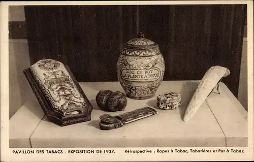 Ak Paris, Exposition de 1937, Pavillon des Tabacs, Rapes a Tabac, Tabatieres et Pot a Tabac