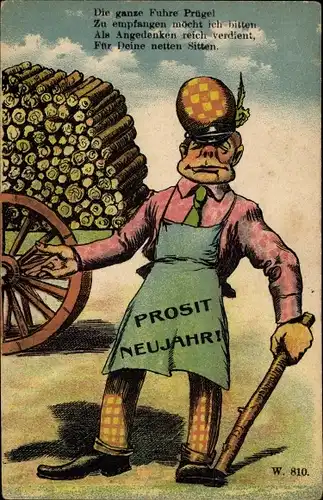 Ak Glückwunsch Neujahr, Mann mit Stock, Fuhrwerk, Holzstücke