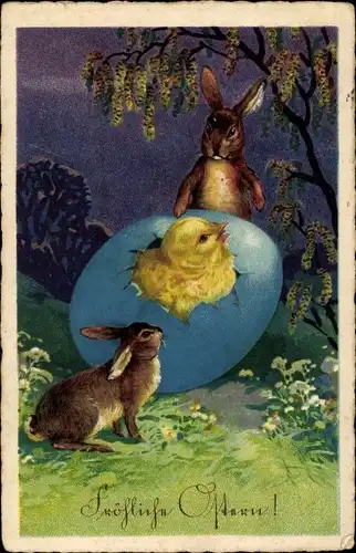 Ak Glückwunsch Ostern, Osterhasen, Küken im Osterei