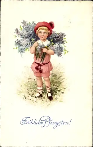 Ak Glückwunsch Pfingsten, Kind mit Blumen, Wiese